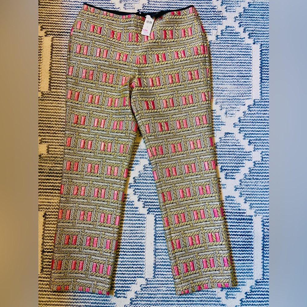 NWT - Cynthia’s Rowley Gold/ Pink Brocade Size 8 Flare Back Zip Pant - Picture 2 of 4